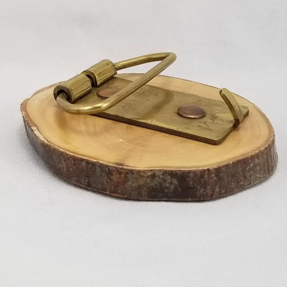 Vintage Belt Buckle‎ Thick Wooden Printed Moose Enamel Covered W/ Brass Hardware